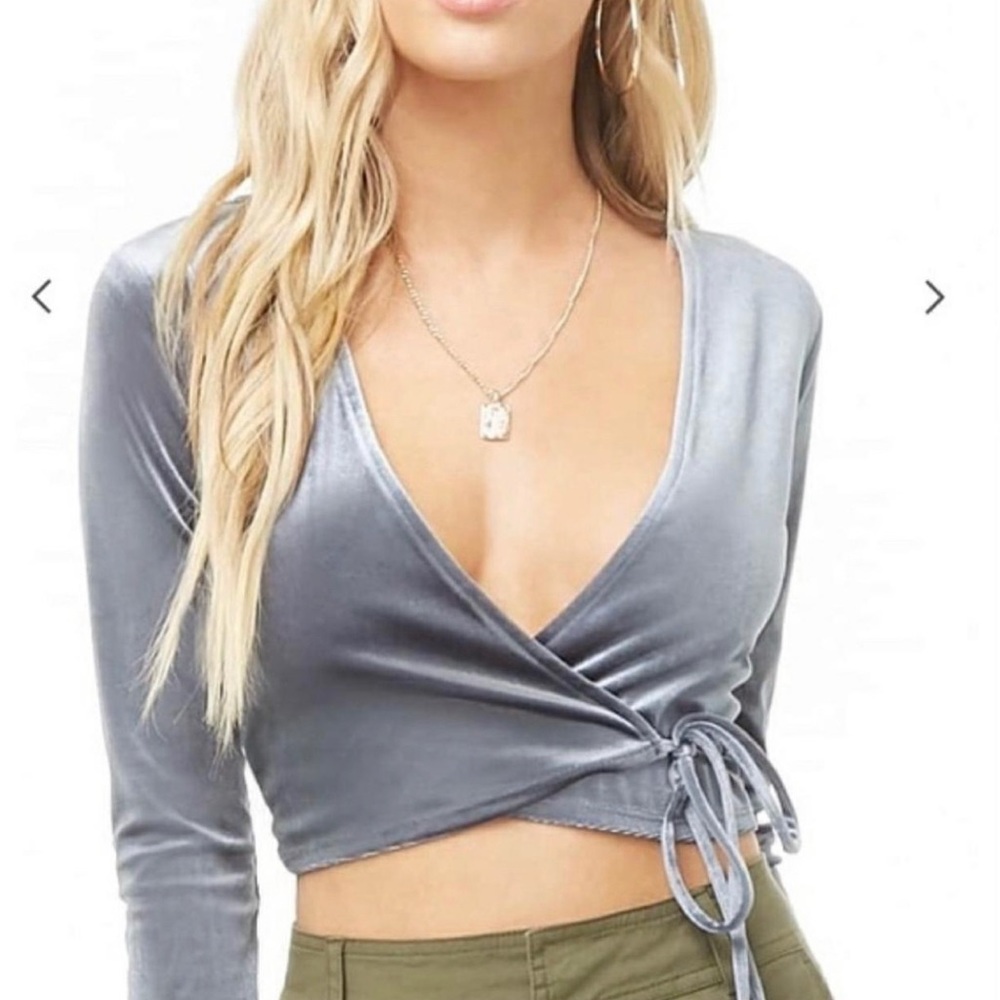 forever 21 grey/blue velvet wrap top
